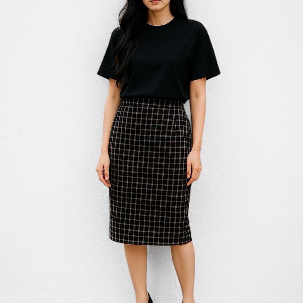 Aquascutum London Navy Check Lined Wool Midi Pencil Skirt | Size 10